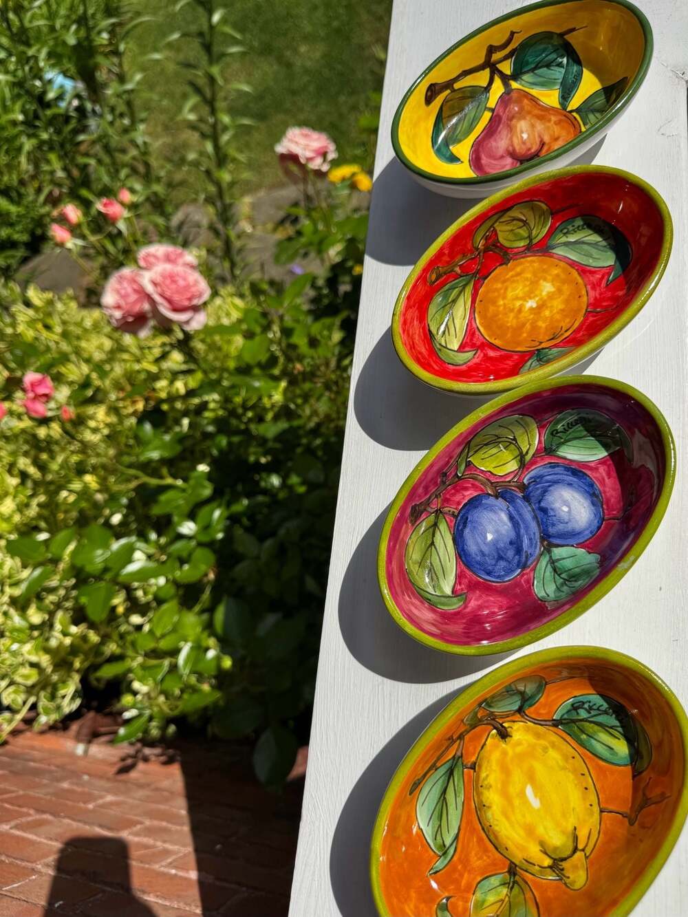 Set of 4 Italian Hand-Painted Fruit Motif Ceramic Oval Bowls Firenze